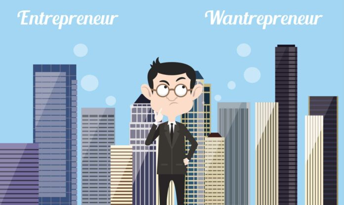 Hombre vestido de traje decidiendo entre entrepreneur y wantrepreneur con edificios al fondo