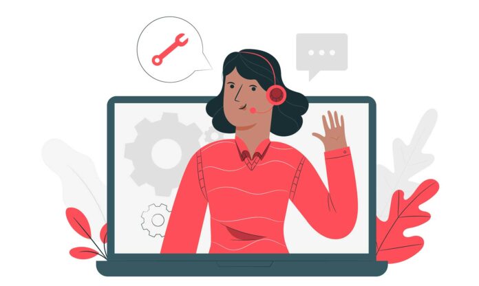 Mujer brinda servicio al cliente de manera virtual a través de una laptop
