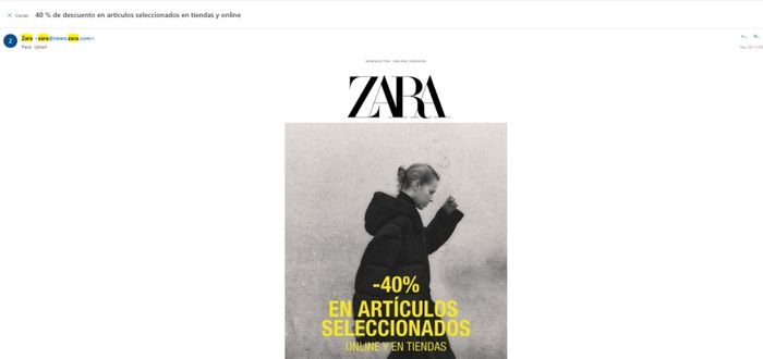 ZARA, ejemplo de email marketing