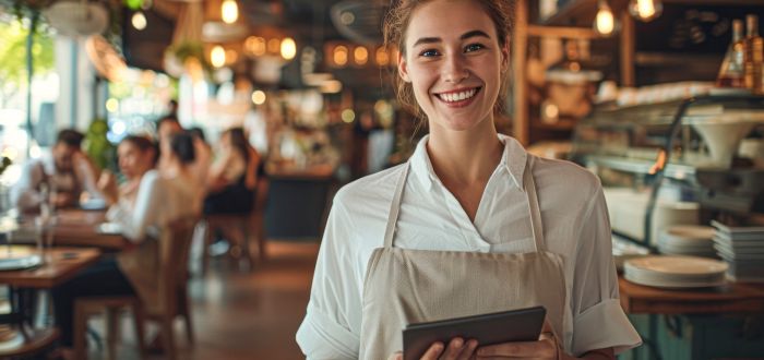 Mujer atendiendo con amabilidad en empresa